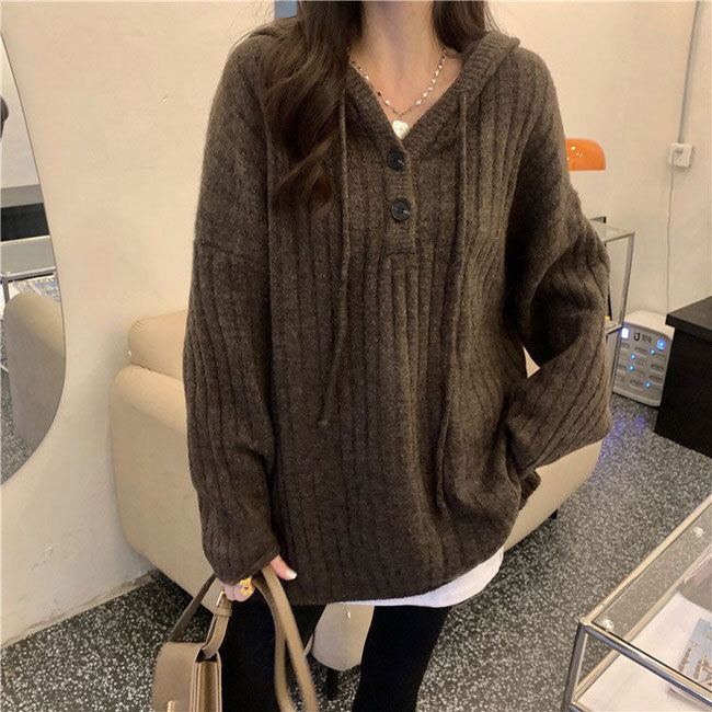 Knit Up Hoodie Mocha Button