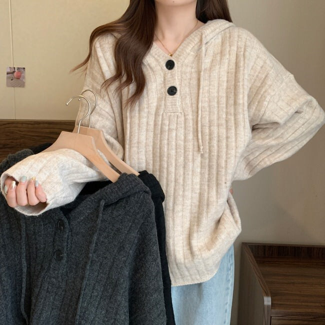 Knit Up Hoodie Mocha Button