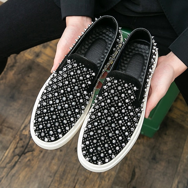 Men's Black Slip-On Shoes with Pearl Detailing - Elegant