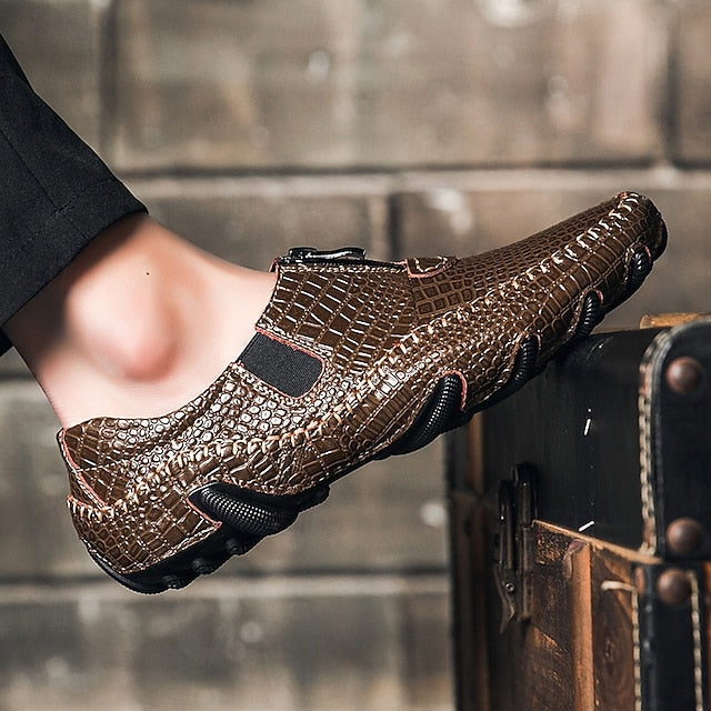 Men's Crocodile Pattern Leather Loafers - Stylish Slip-On