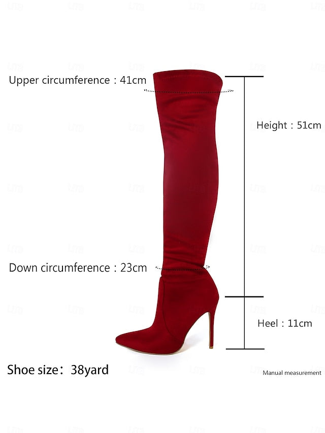 Suede Red Women's Pointed Over-the-Knee Boots - Toe
