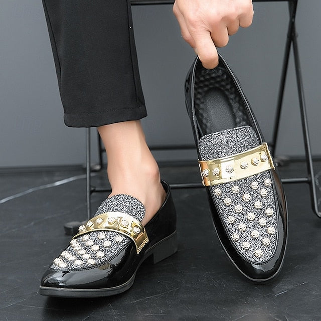 Men's Black Patent Loafers with Studded Detail and Gold