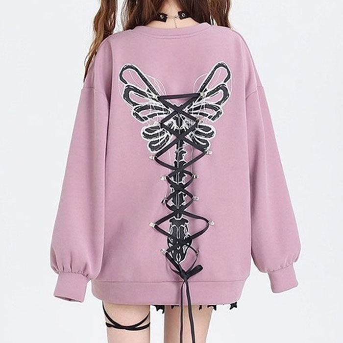 Butterfly Grunge Lace-Up Skeleton Sweatshirt