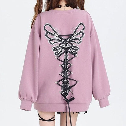 Butterfly Grunge Lace-Up Skeleton Sweatshirt
