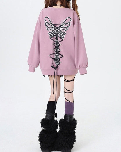Butterfly Grunge Lace-Up Skeleton Sweatshirt
