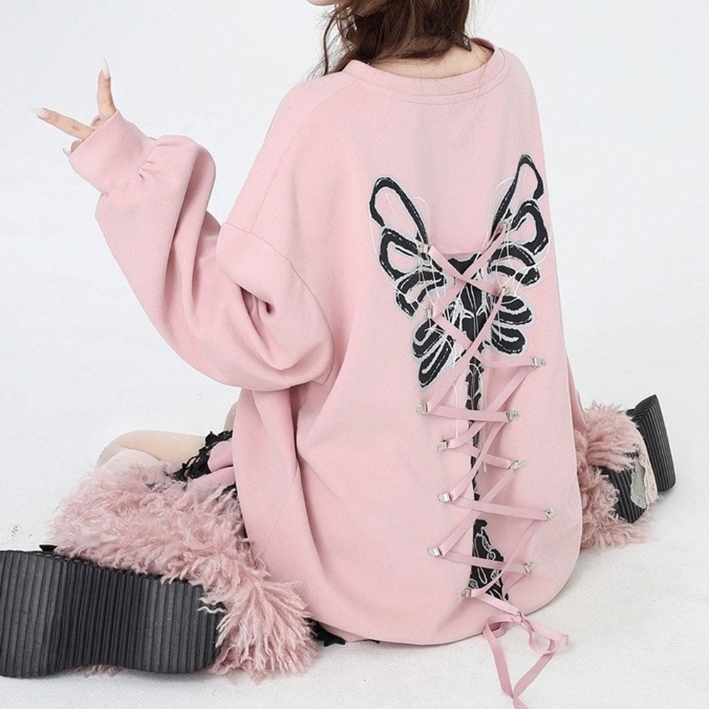 Butterfly Grunge Lace-Up Skeleton Sweatshirt