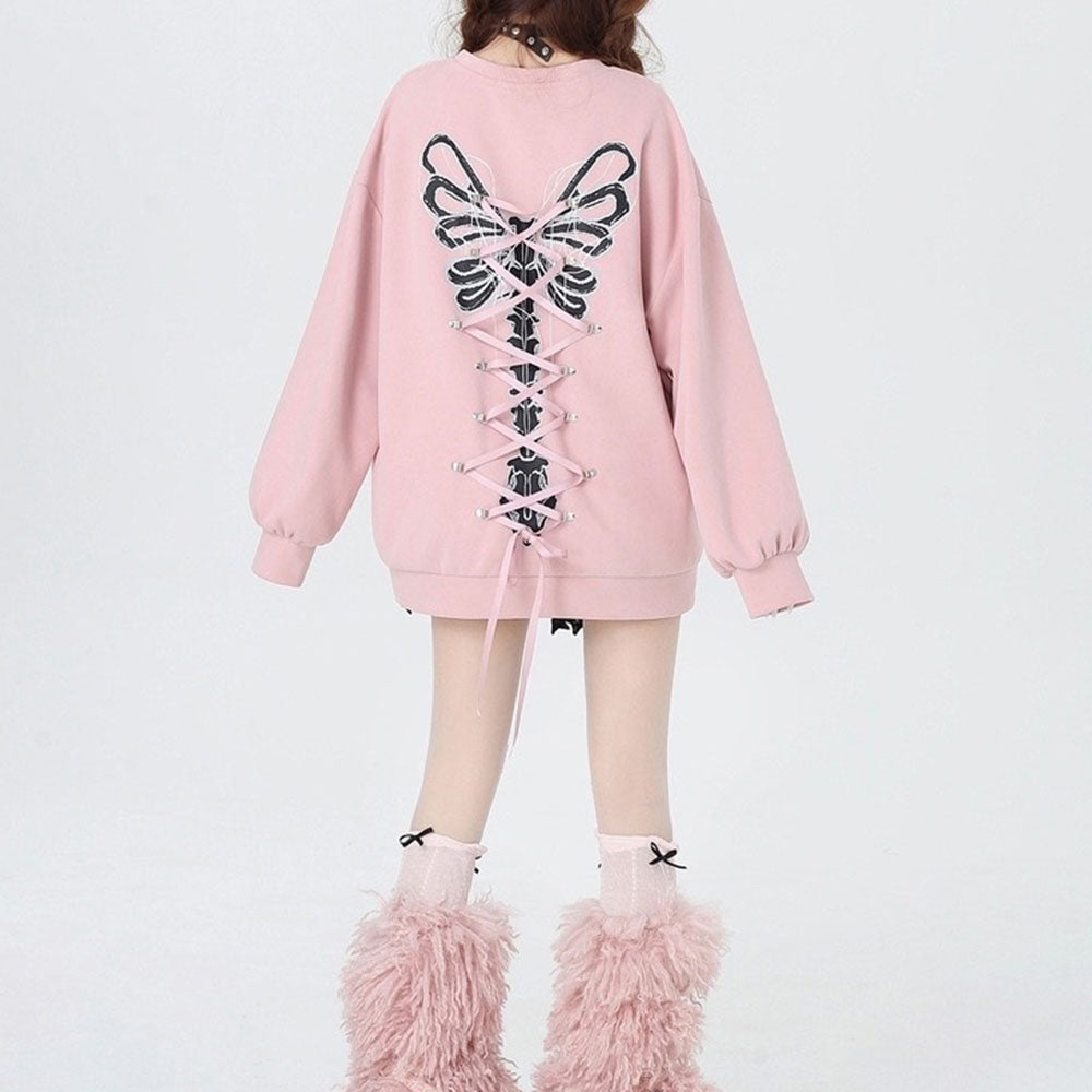 Butterfly Grunge Lace-Up Skeleton Sweatshirt