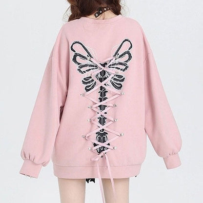 Butterfly Grunge Lace-Up Skeleton Sweatshirt
