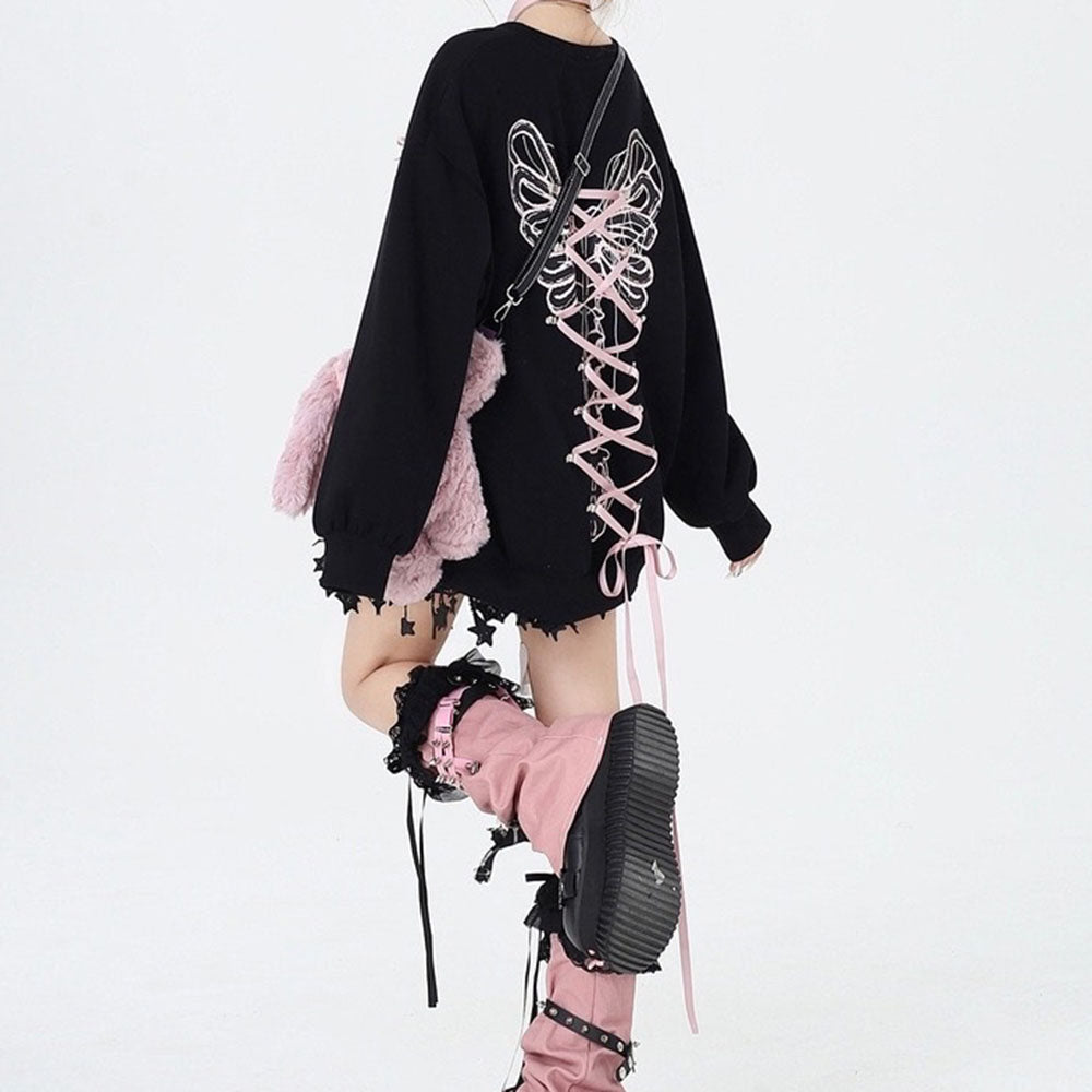 Butterfly Grunge Lace-Up Skeleton Sweatshirt