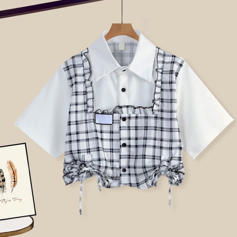 Denim Lattice Print Loose T-Shirt Pants Drawstring