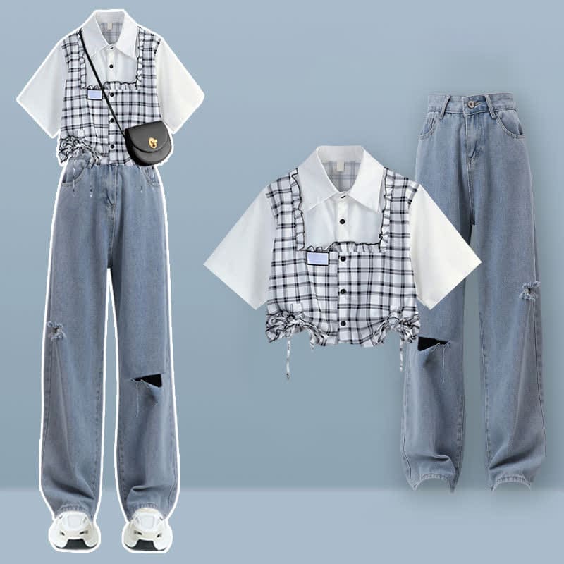 Lattice Print Drawstring T-Shirt Loose Denim Pants