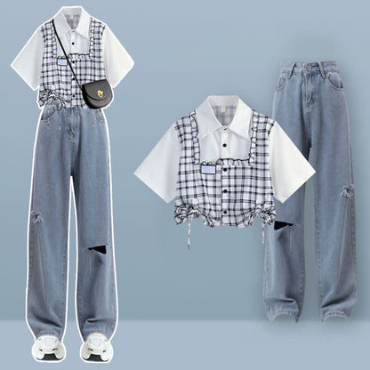 Denim Lattice Print Loose T-Shirt Pants Drawstring