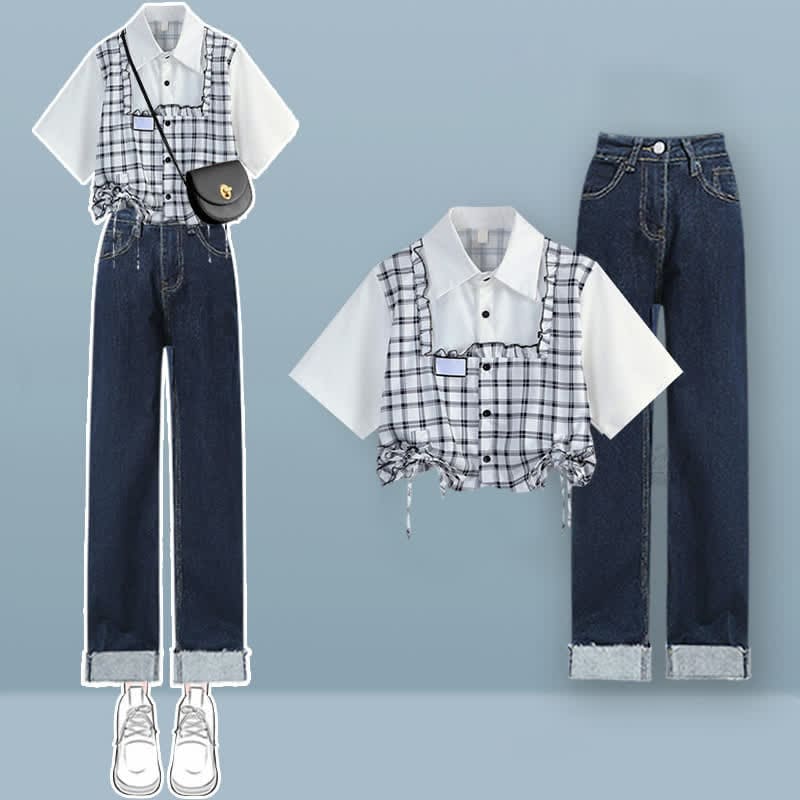Denim Lattice Print Loose T-Shirt Pants Drawstring