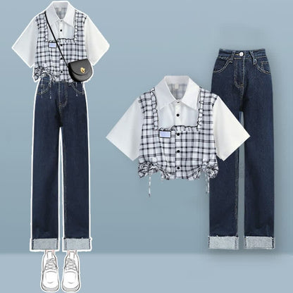 Denim Lattice Print Loose T-Shirt Pants Drawstring