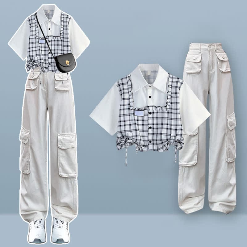 Denim Lattice Print Loose T-Shirt Pants Drawstring