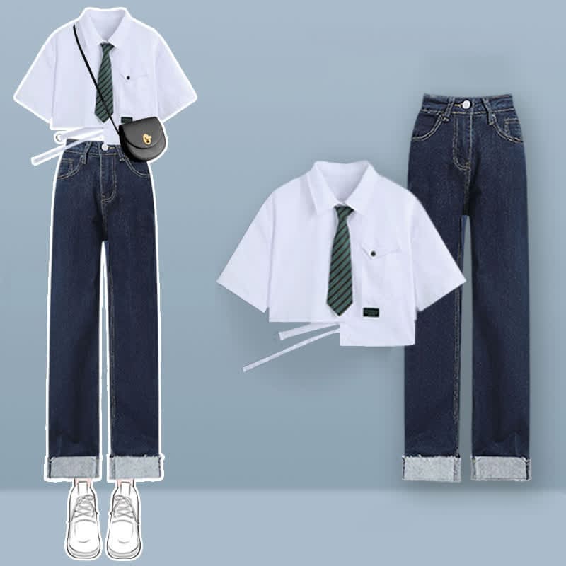 Denim Lattice Print Loose T-Shirt Pants Drawstring