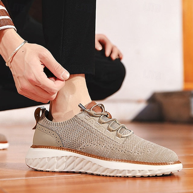 Men's Shoes Beige Knit Lace-Up Sneakers with Lightweight