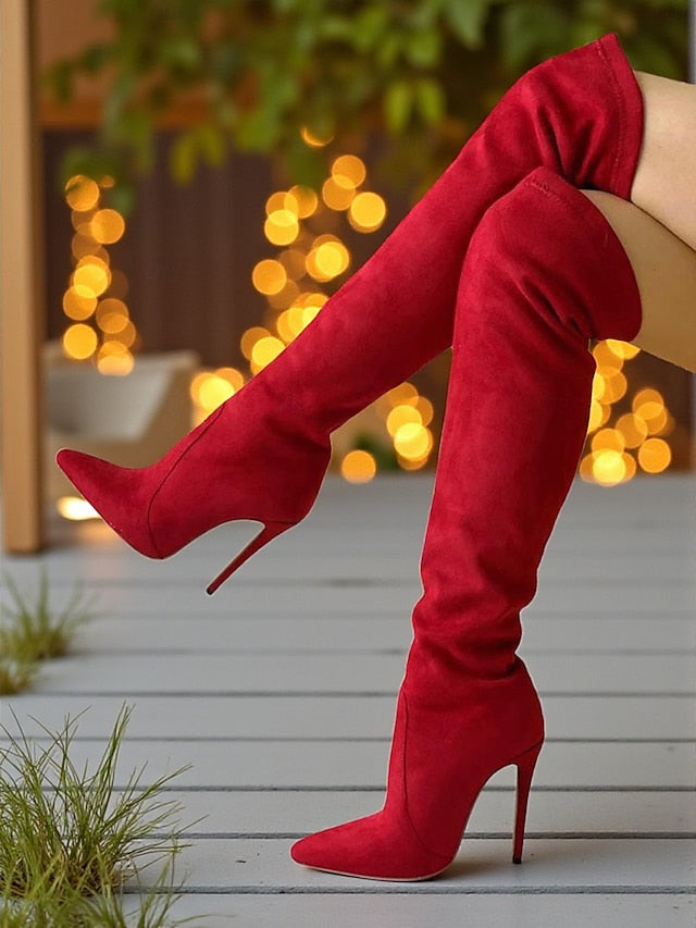 Suede Red Women's Pointed Over-the-Knee Boots - Toe
