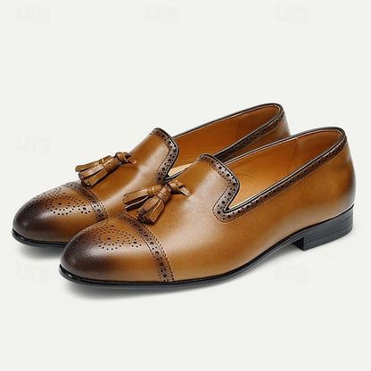Men's Brown Leather Tassel Loafers with Brogue Detailing,
