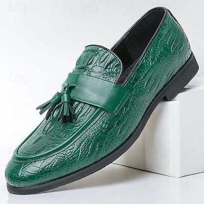 Men's Green Faux Leather Loafers with Crocodile Embossed