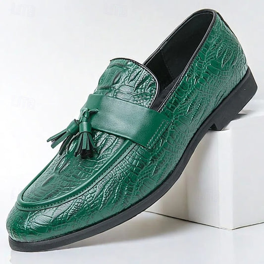 Men's Green Faux Leather Loafers with Crocodile Embossed