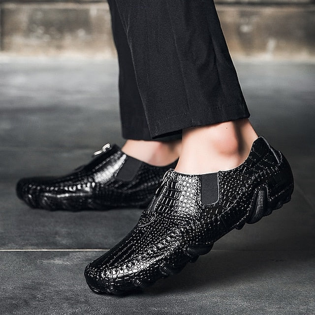 Men's Crocodile Pattern Leather Loafers - Stylish Slip-On