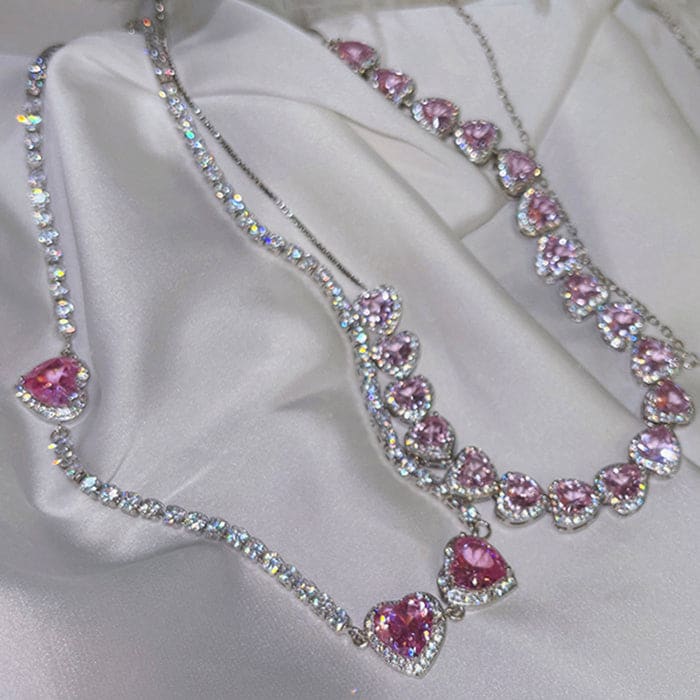 Luxury Pink Heart Necklace - Standart/ 2pcs / Pink