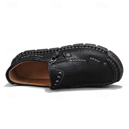 Men's Brown Faux Leather Slip-On Loafers with Side Zipper