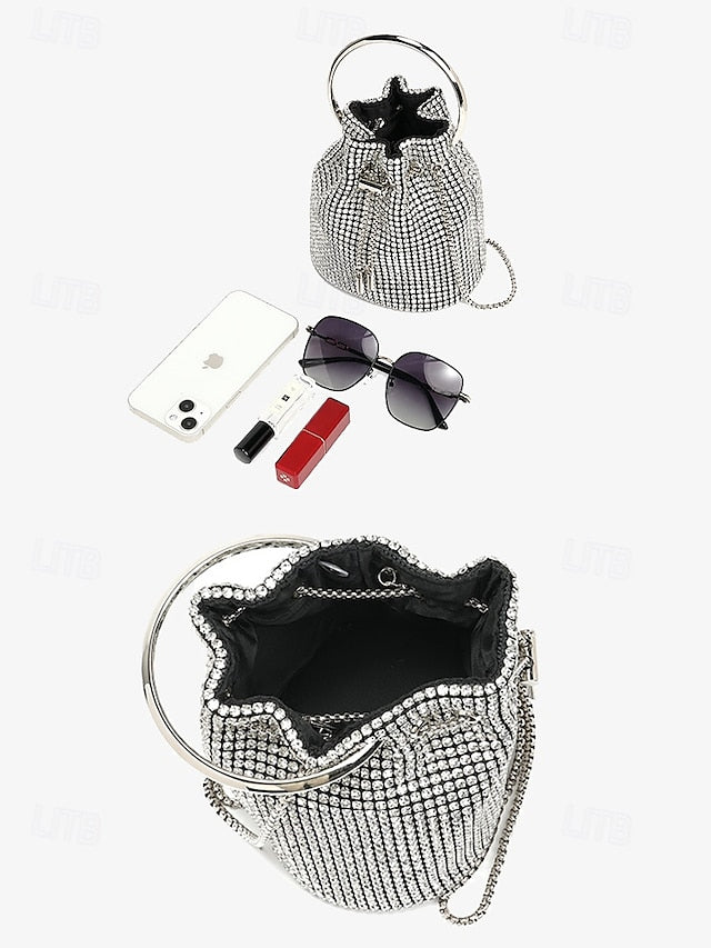Bucket Bag Sparkling Silver Women's Rhinestone with Metal