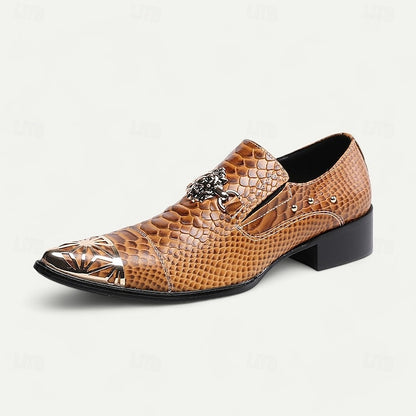 Men's Brown Snake Pattern Leather Slip-On Shoes with Metal