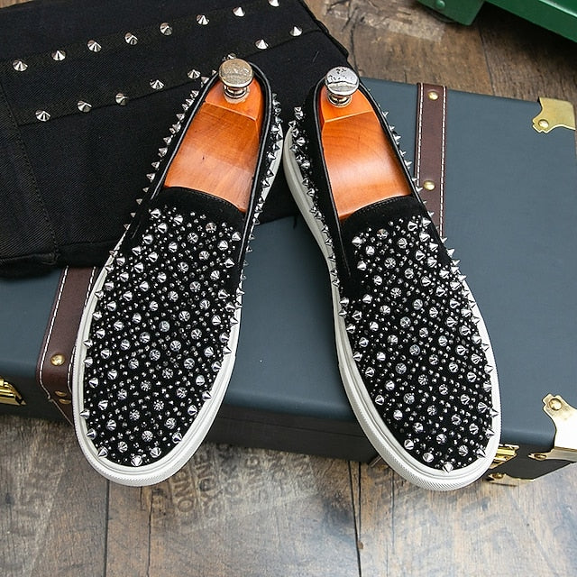 Men's Black Slip-On Shoes with Pearl Detailing - Elegant