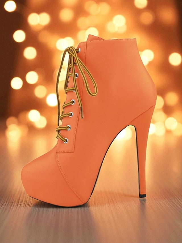 Faux Ankle Women's Lace-Up Boots Beige Platform - Leather