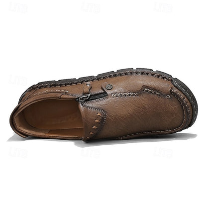 Men's Brown Faux Leather Slip-On Loafers with Side Zipper