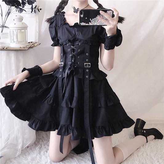 Y2K Ruffle Lace Up Buckle Gothic Sweet Dress