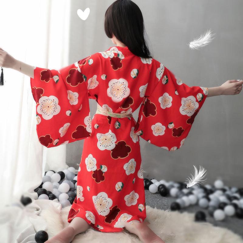 Red Sakura Print Kimono Lingerie Nightdress