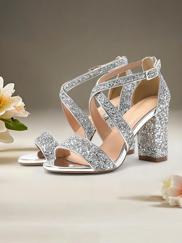 Heel Women's Sandals Block Glitter Gold