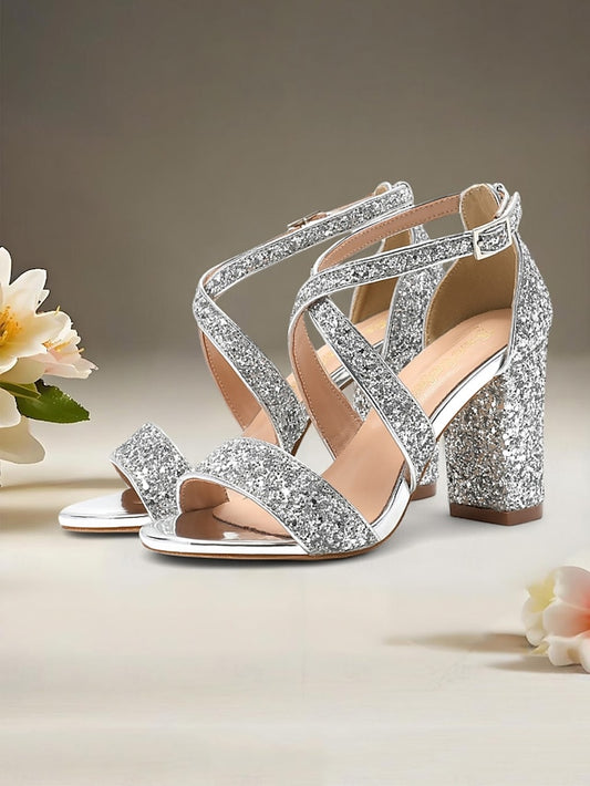 Heel Women's Sandals Block Glitter Gold