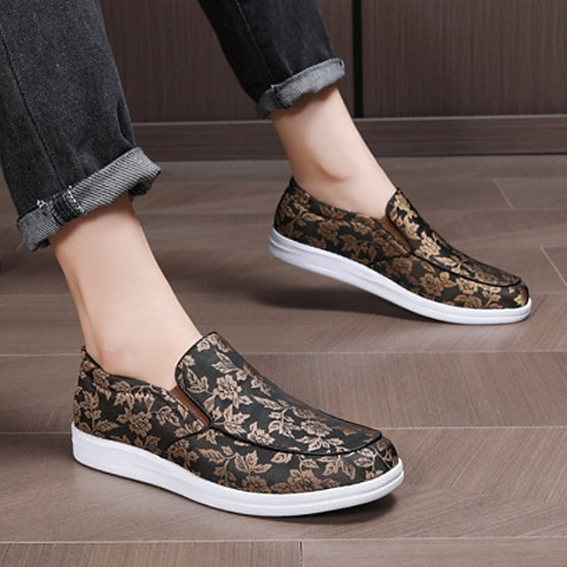 Men's Floral Jacquard Slip-On Loafers – Red and Black