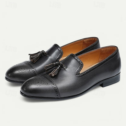 Men's Brown Leather Tassel Loafers with Brogue Detailing,