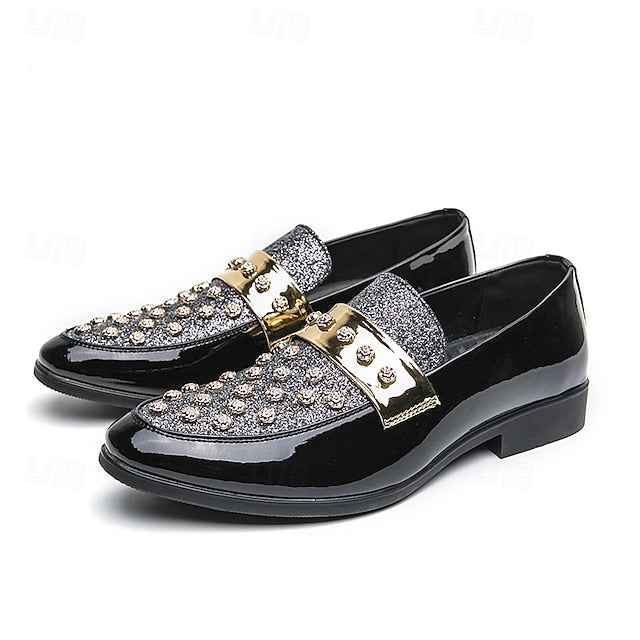 Men's Black Patent Loafers with Studded Detail and Gold