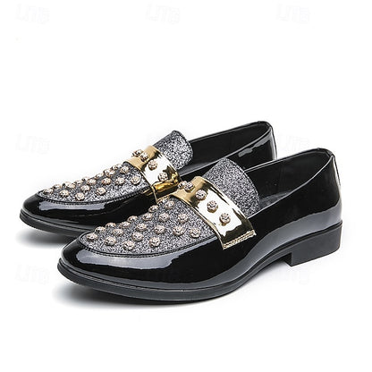 Men's Black Patent Loafers with Studded Detail and Gold