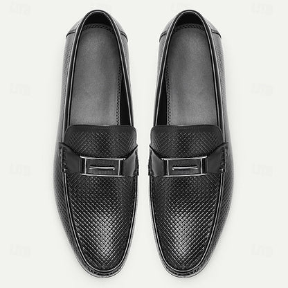 Men's Black Textured Leather Loafers – 100% Premium