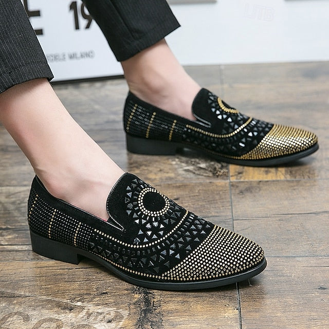 Men's Prom Shoes - Black Studded Velvet Loafers with Spiral