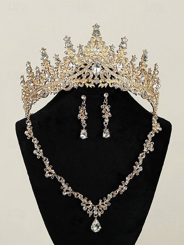 Necklace Set and Tiara Gold-Plated Diamond Crown – Sparkling