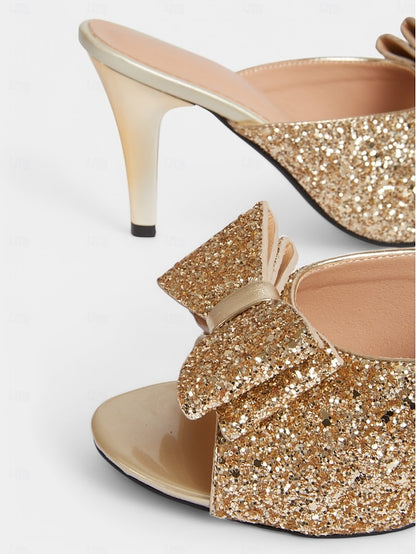 Mules Glamorous Bow Gold Women's Glitter Party – Stiletto