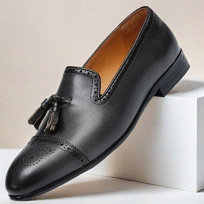 Men's Brown Leather Tassel Loafers with Brogue Detailing,