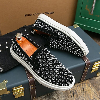 Men's Black Slip-On Shoes with Pearl Detailing - Elegant