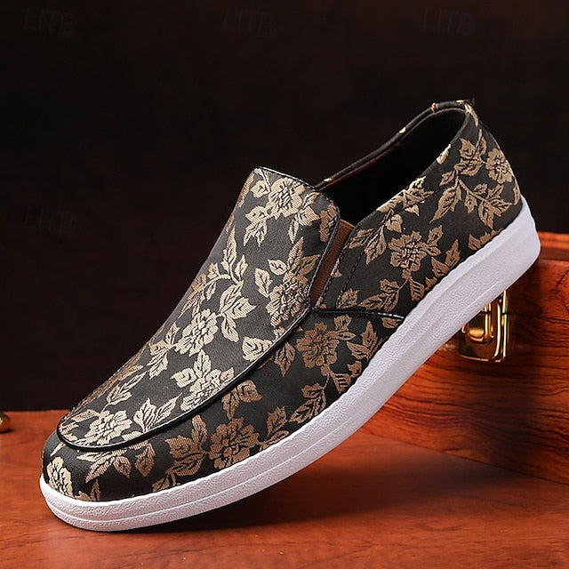 Men's Floral Jacquard Slip-On Loafers – Red and Black