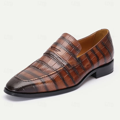 Men's Classic Brown Crocodile Pattern Leather Dress Shoes -