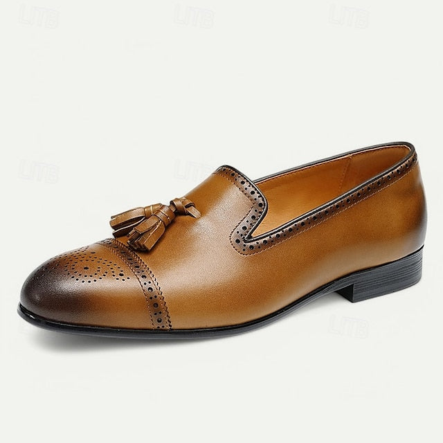 Men's Brown Leather Tassel Loafers with Brogue Detailing,